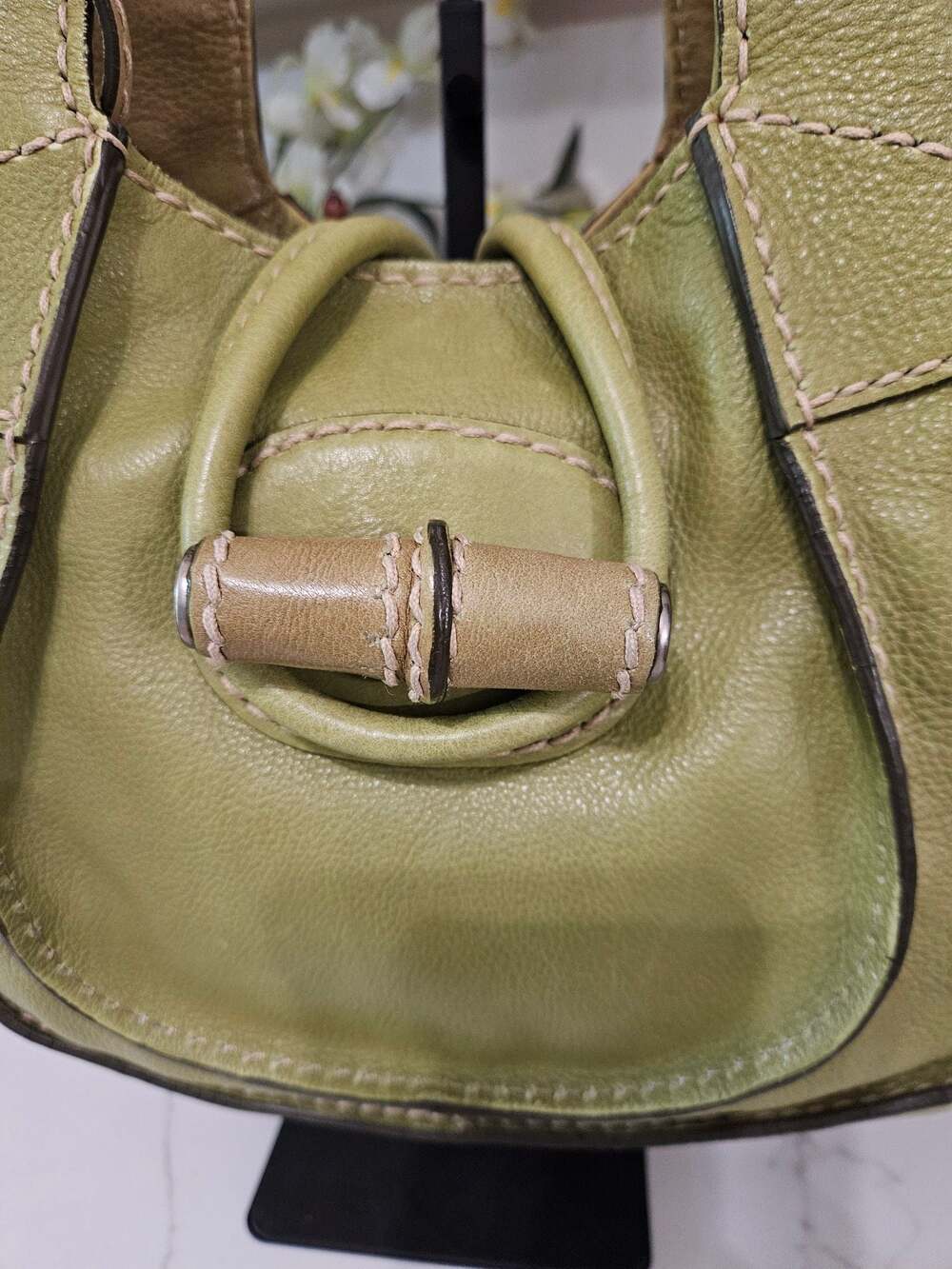Fifty Four Fossil Green Leather Shoulder Bag with Bamboo-Style Toggle Closure - Picture 3 of 10